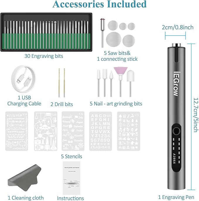 Electric Engraving Pen with Light, Mini DIY Electric Etching Machines with 44 Bits,USB Rechargeable Cordless Rotary Tool,Engraving Pen for Metal, Wood, Glass and Plastic,Dark Grey