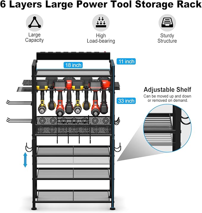 JUNNUJ Power Tool Organizer Floor Stand with Charging Station, Garage Adjustable Storage Rack Utility Tool Shelf with 8 Outlet 10 FT Power Strip, Heavy Duty Drill and Battery Holder