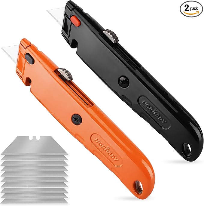 HORUSDY 2-Pack Box Cutter Utility Knife, Heavy Duty Aluminum Shell Retractable Box Cutter for Cardboard, Boxes and Cartons, Extra 10 Blades.