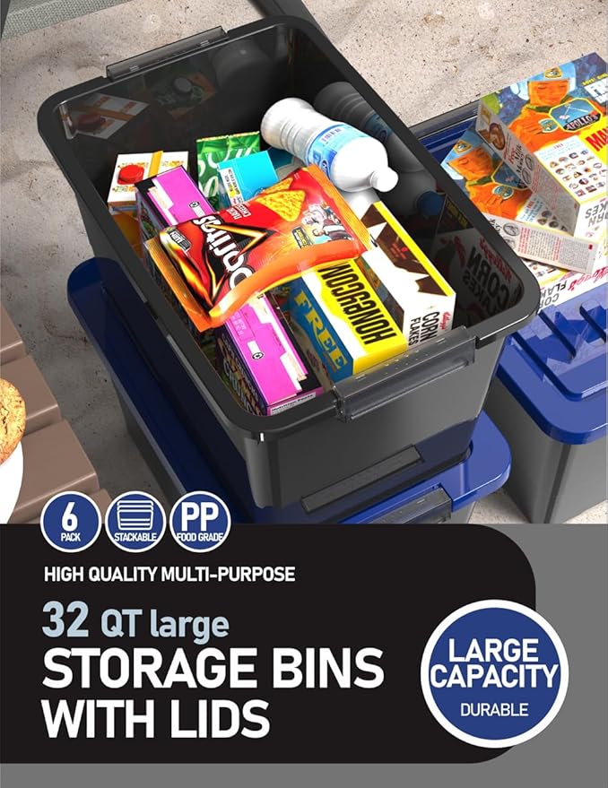 WYT 32 Quart Stackable Plastic Storage Bins with Blue Lids, 6 Pack Black Containers with Latching Buckles and Handle, Durable Nestable Boxes Organizing for Closet, Garage, Tool Room