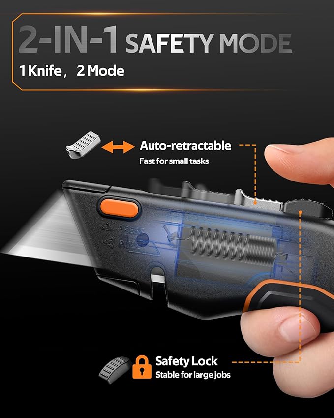 Box Cutter Utility Knife, [2-in-1] Retractable Box Cutter, Safety Heavy Duty Sharp Razor Knife for Home & Warehouse Cardboard, Carpet, Blade Storage, with Extra Razor & Hook Blades (Orange)
