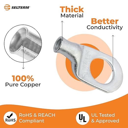 SELTERM 2pcs 8 AWG 1/2" Stud Tinned Copper Wire Lugs, Battery Cable Ends, Ring Terminals, 8 Gauge Terminal Connectors, UL Marine Grade Electrical Connectors