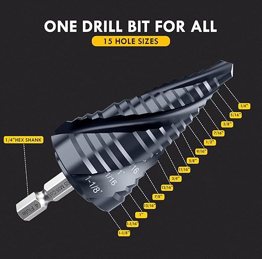 Four Sprial Flute M35 Cobalt Step Drill Bit, 1/4"-1-1/8" Ultra TiAIN Coated Unibit Step Bit, 1/4" Hex Shank Drill Bit for Metal, Stainless Steel, Aluminum, Copper, Wood, PVC