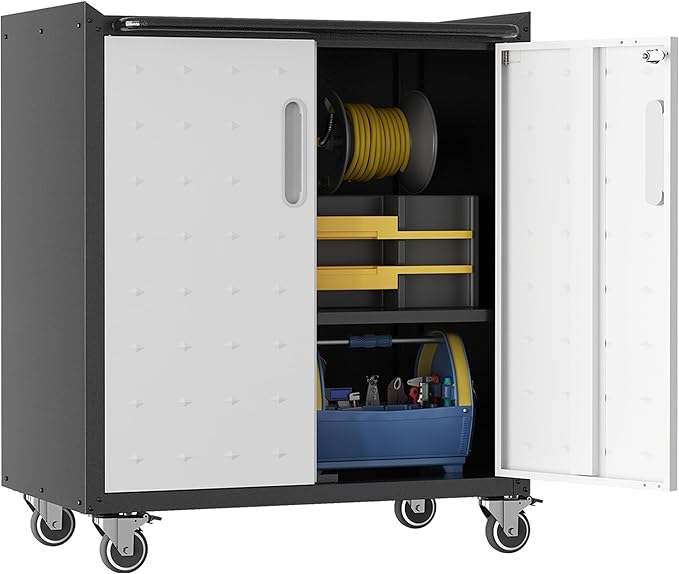 Garage Tool Storage Cabinet,Mobile Heavy Duty Metal Tool Chests & Cabinets with Lockable Doors,Black Rolling Tool Cabinets with Wheels,Assembly Required