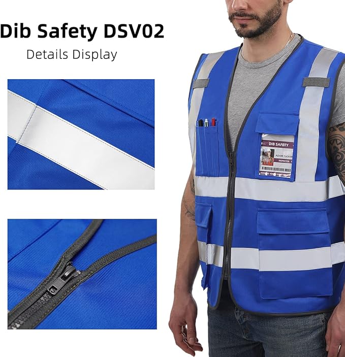 Dib Safety Reflective Vest High Visibility with Pockets and Zipper, Blue S