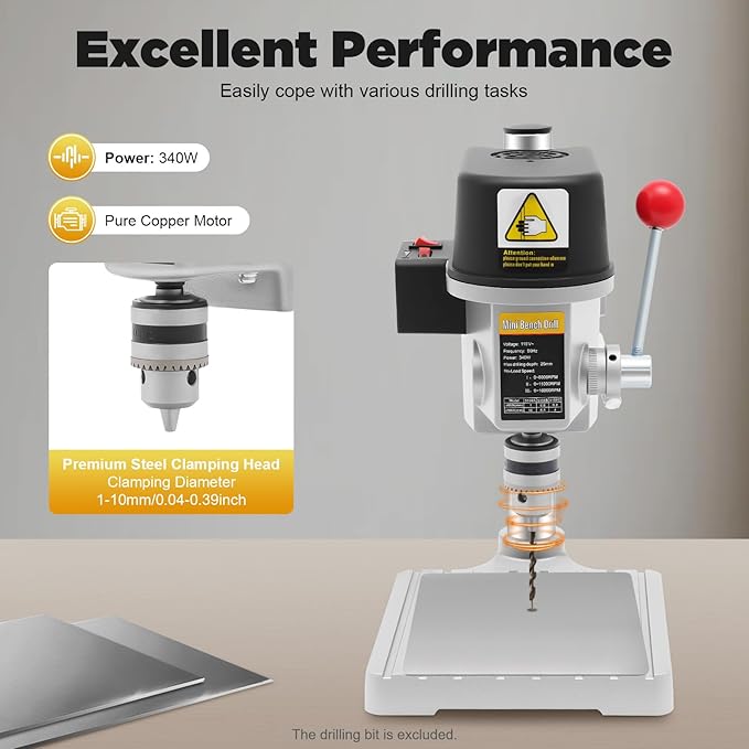 340W Bench Drill Press 3 Adjustable Speed Tabletop Drilling Machine Mini Precision Benchtop for Metal Wooden Jewelry DIY and Crafts Projects