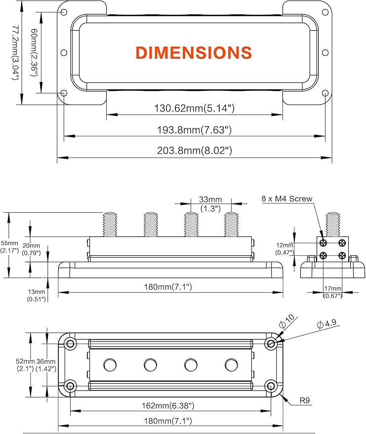 600A Heavy-Duty Bus Bar Nickel Plated Copper Distribution Terminal Block with Cover 4 M10 (3/8 in) Studs & 8 Screws Buss Bar for Solar RV Marine Car Audio 12-48V DC Battery System (Red)