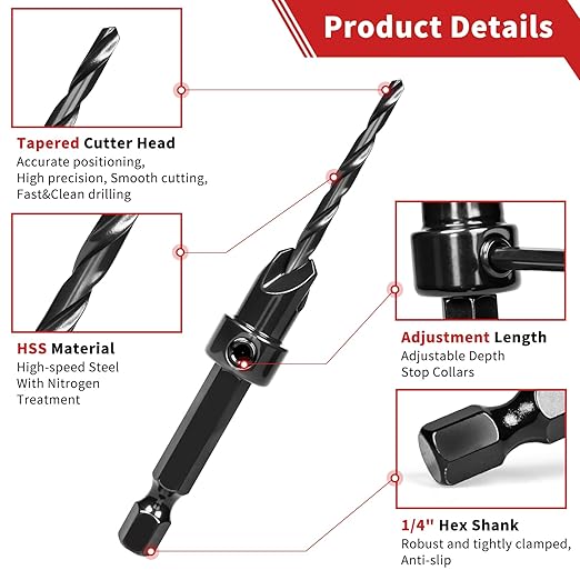 Countersink Drill Bits, 15 PCS Adjustable Tapered HSS Drill Bit Set for Woodworking, with Nitrided Surface, Wood Plug Cutters 1/4" Hex Shank Quick Change, for Wood Drilling with Storage Box