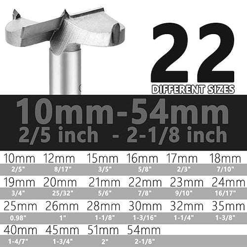 22 Pcs Forstner Drill Bit Set 10-54mm (2/5" to 2-1/8") Wood Hole Saw,Wood Cutter for Woodworking (22PCS Set (10-54mm))