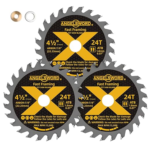 ANGELSWORD 4-1/2 Inch Circular Saw Blade, 7/8" Arbor 24T, Used on Angle Grinder for Framing, Fast Wood Cutting, 3 Pack, with 3/8"&5/8" Bushing