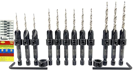 FTG USA Countersink Drill Bit Set for Wood with Tapered Drill Bit 3 Pc #4 (7/64"), 6 Pc #6 (9/64"), 3 Pc #8 (11/64")