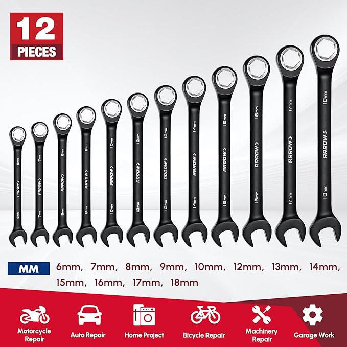 ARROW 12PCS Metric Ratcheting Wrench Set, Anti-Slip 6-18mm Combination Ratchet Wrench Set with Black Magnetic Tool Holder, Premium CRV Material, 72-Teeth, Corrosion-Resistant, Easy to Carry & Store