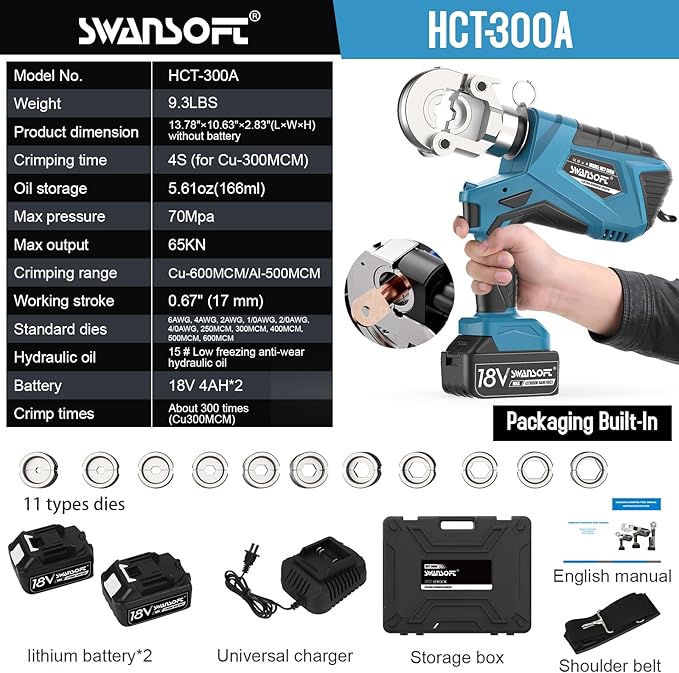 SWANSOFT Electric Hydraulic Crimping Tool, 6Ton 6AWG-600MCM Rechargeable Hydraulic Crimper for Cu/Al Terminal, Crimp 20000 Times Wire Cable Lug Crimping Tool Kit with 11 Dies (HCT-300A)