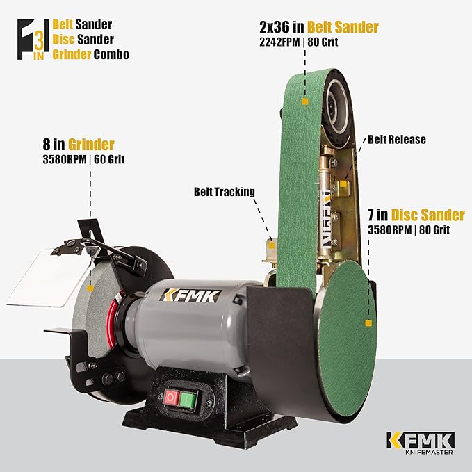 𝟑𝐢𝐧𝟏 2"x36" Belt Sander 7" Disc Sander and 8" Grinder Combo, 3.1 Amp Bench Belt Sander for Metal Working, 2 inch Belt Grinder for Knife Making and Sharpening, KF8236