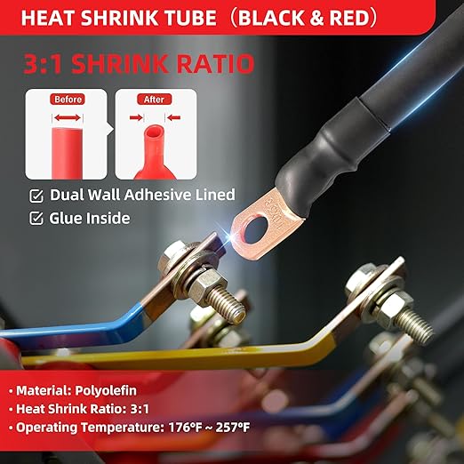 RED WOLF Ring Wire Terminals Copper 4 AWG 3/8" Stud Battery Cable Lugs Copper Connector 10PCS, W/3:1 Heat Shrink Tubing Marine Grade for Electrical Automotive Cable Wire Wrap Connection