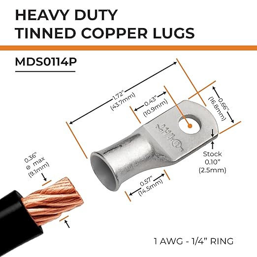 SELTERM 2pcs 1 AWG 1/4" Stud Tinned Copper Wire Lugs, Battery Cable Ends, Ring Terminals, 1 Gauge Terminal Connectors, UL Marine Grade Electrical Connectors