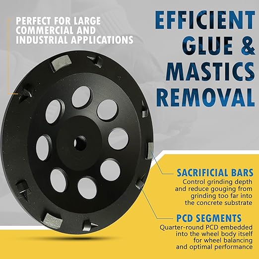 7" PCD Grinding Wheel for Epoxy, Glue and Paint, 6 PCD Segments w/Sacrificial Bars, 5/8"-11 Threaded Arbor
