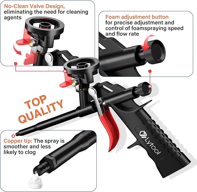 Lytool 2pcs Spray Foam Gun Kit with 12.6" Extension Rods and 15.7" Cleaning Brushes Copper Nozzle PTFE Coated Barrel Adjustable Caulking Gun for Insulation and Sealing Compatible with PU Foam Cans
