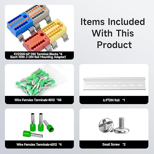 4Pcs KV225G DIN Rail Terminal Blocks, 6-Pole 1 in 12 Out Push-in Wire Connector/Splitter, 690V 24A