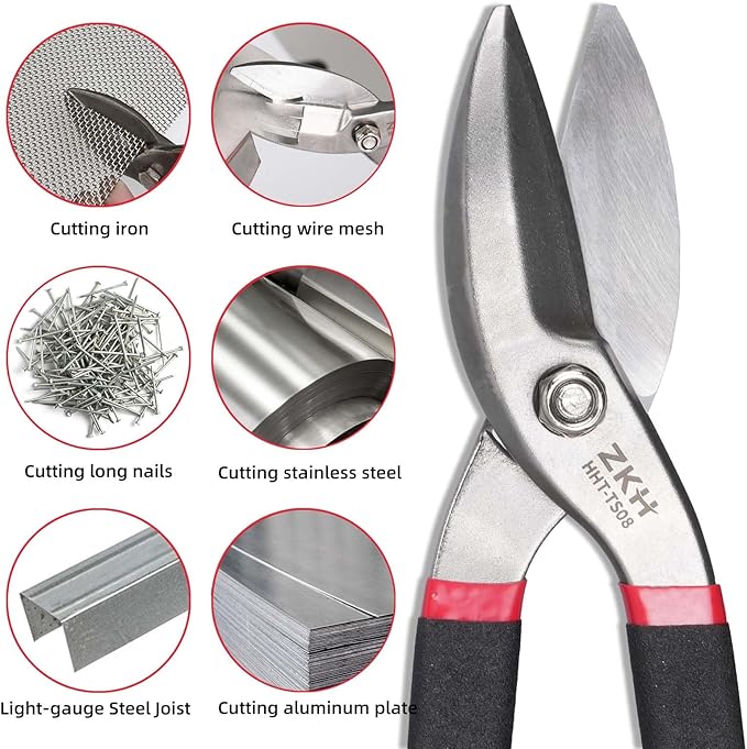 ZKH 10 Inch Tin Snips, Alloy Steel Forged Heavy Duty Metal Shears with Comfortable Two-Color PVC Dipped Plastic Handle, Metal Snips for Cutting Sheet Metal