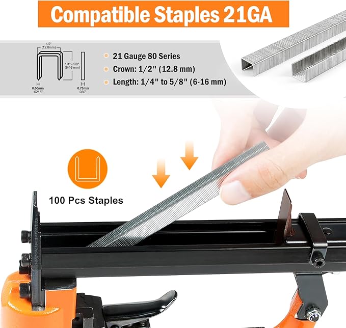 KN8016 21 Gauge Industrial Pneumatic Upholstery Stapler 1/2-Inch Crown for 1/4-Inch to 5/8-Inch Staples, Air Power Upholstery Construction Staple Gun for Home Renovation, Furniture, DIY Woodworking