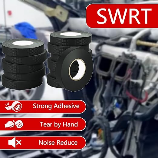 SWRT Wire Harness Tape, 3/4 Inch × 50 Feet, 12 Packs (600 Feet Total), Self-Adhesive Black Cloth Electrical Tape for Automotive Use, High Temperature Resistance Felt Tape.