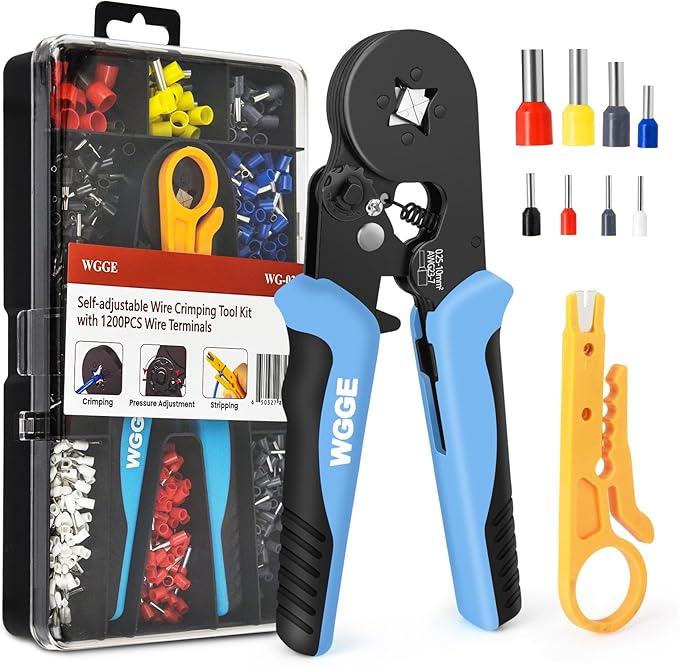 WGGE Ferrule Crimping Tool Kit, AWG 23-7 Self-adjustable Ratchet Wire Ferrule Crimper Plier Set with 1200pcs Wire Terminals Crimping Connectors Wire Ends Ferrules