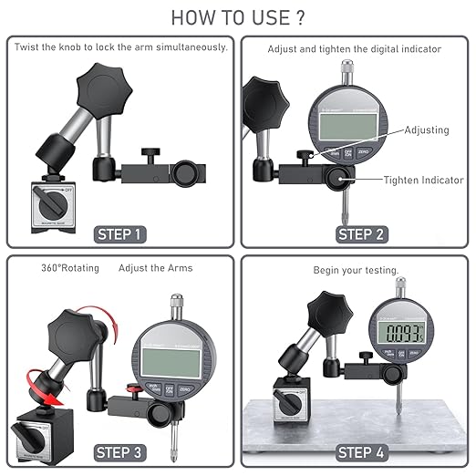 HDLNKAK Digital Dial Indicator Gauge with Magnetic Base Stand 90lbs/40kg Tensile Force, Indicator Holder for 0-1"/25.4mm, 0.01mm/0.0005" Inch/Metric Conversion
