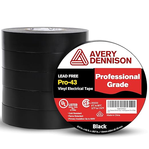 Avery Dennison Electrical Tape ¾ in x 99 ft, 6 Rolls Professional Grade PVC Electric Tape, UL/CSA Listed Insulating Vinyl Tape for Electrical, Repairs, Automotive and Equipment, Pro-43, Black