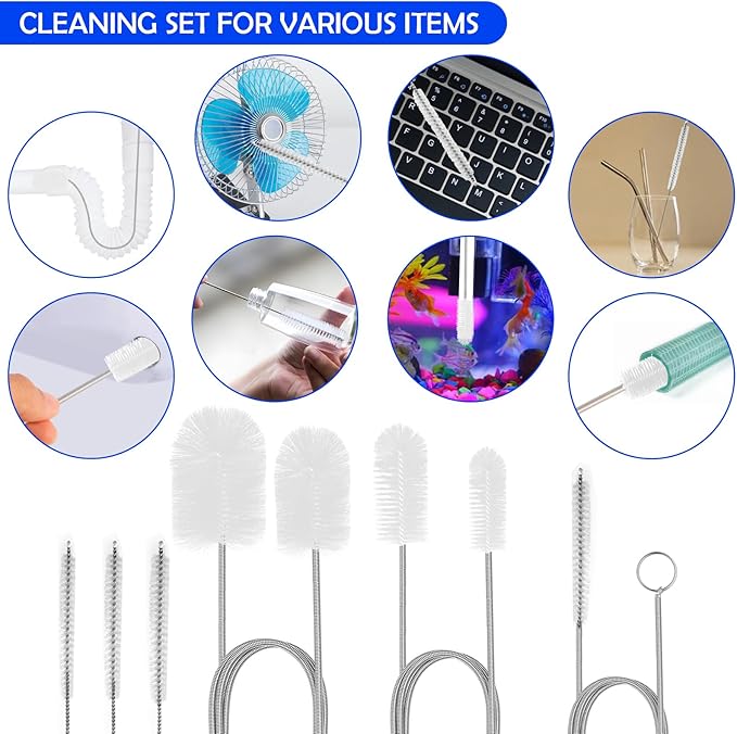 12pcs Flexible Drain Brush 78 Inch Pipe Cleaning Brush 63 Inch Drain Cleaner Brush 59 Inch Hose Brush and 3 Pcs 9 Inch Straw Cleaner Brush for Straws Kitchen Sink Plumbing Shower Drain Tube (White)