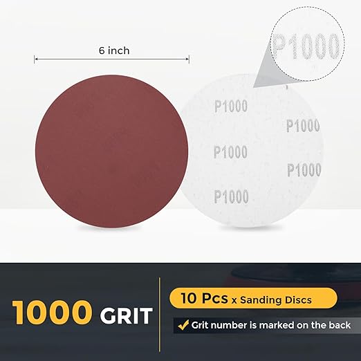 HARFINGTON 10 Pcs 6 Inch Sanding Disc 1000 Grit Hook and Loop Sandpaper Random Orbital Sander Pads for Woodworking Automotive Metal Polishing