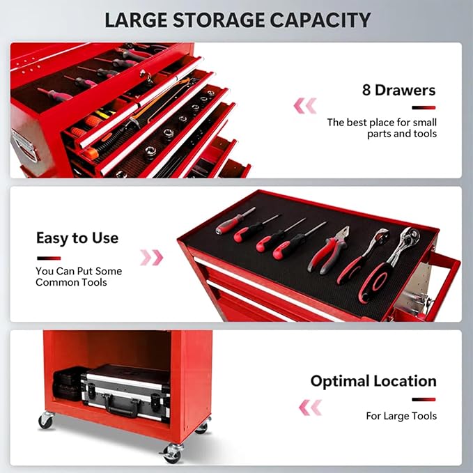 Rolling Tool Chest with Wheels, 8-Drawer Tool Box Organizer with Lock, Detachable Top Cabinet, Sliding Drawers, Tool Storage Cabinet for Garage & Workshop, Red
