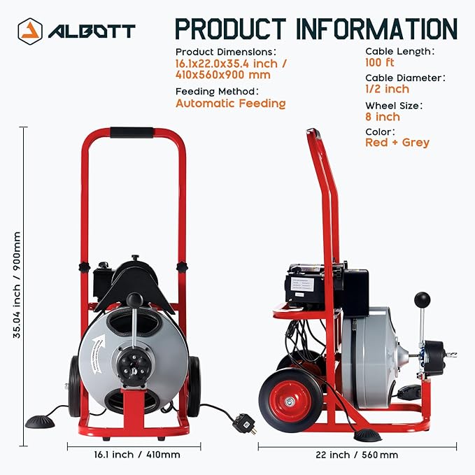 Albott 100 FT x 1/2 inch Electric Drain Cleaner Machine with Auto-Feed & 10 Cutters, Sewer Snake Auger for 1–4 Inch Pipes, Foot Switch & Wheels, Ideal for Home & Commercial Use, Gray/Red