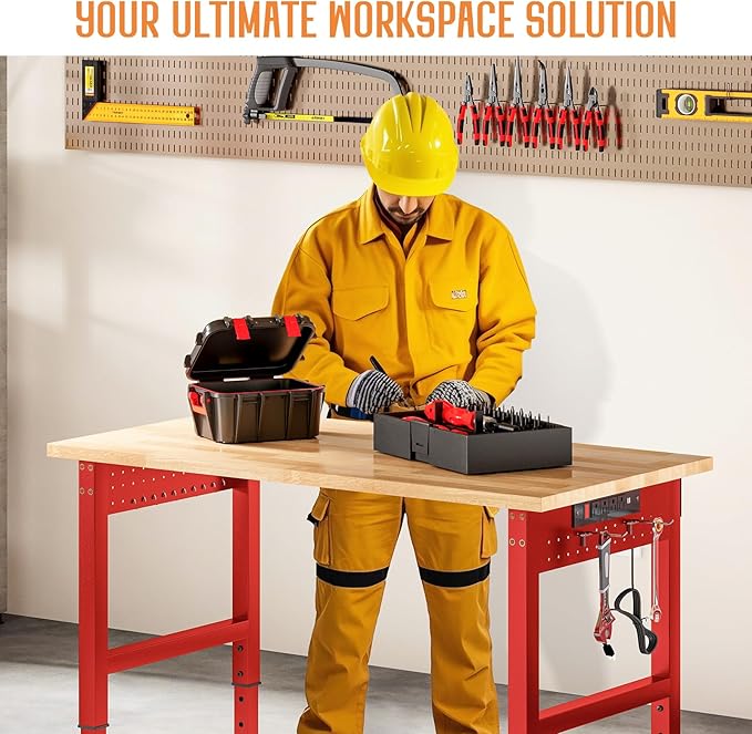 SPECRAFT 84" Red Adjustable Heavy Duty Workbench with 4 AC Outlet and 2 USB Ports Power Outlets, 5000 Lbs Capacity, Rubber Wood Top for Garage, Workshop, Office
