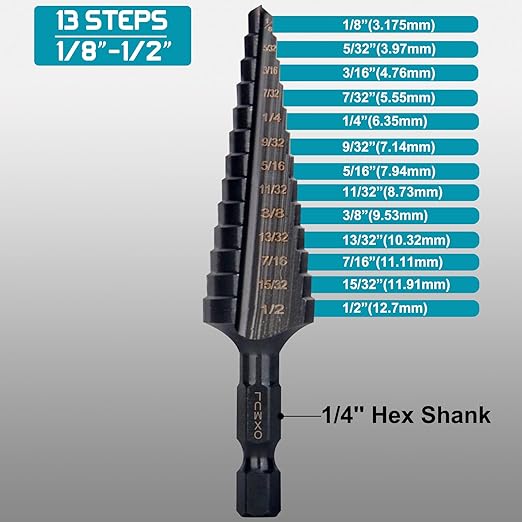 M35 Step Drill Bits for Metal, 1/8" to 1/2", Cobalt Bit, Heavy Duty for Stainless Steel,Hard Steel, Aluminum, Copper, Wood, 13-Steps, Z18-205