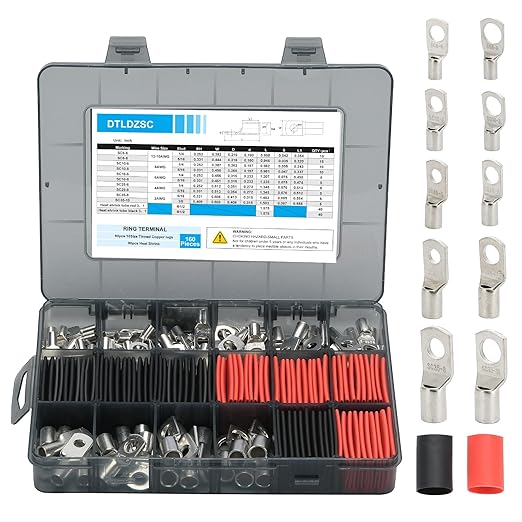Thick Copper lugs，Electric Wire Lugs，AWG2 4 6 8 10 12Gauge，80Pcs Tinned Heavy Duty Battery Cable Ends Ring Terminal Connectors with 80Pcs 3:1 Heat Shrink Tubing Assortment Kit（160pcs）
