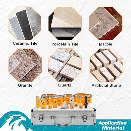 Tile Hole Saw Kit 13pcs - Diamond Core Drill Bits 6/6/8/19/25/35/50/75/102/125mm for Tile Porcelain Marble Granite with 20mm Diamond Finger Bit and 2" Chamfer Bit Trimming Hole and SDS Adapter