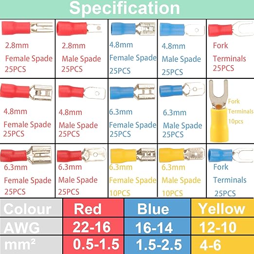 330PCS Crimp Connectors, 2.8mm 4.8mm 6.3mm Male and Female Spade Connector kit, 15 Types Crimp Terminals Electrical Connectors, Electrical Terminals Includes Spade Ring Fork Wire Connectors