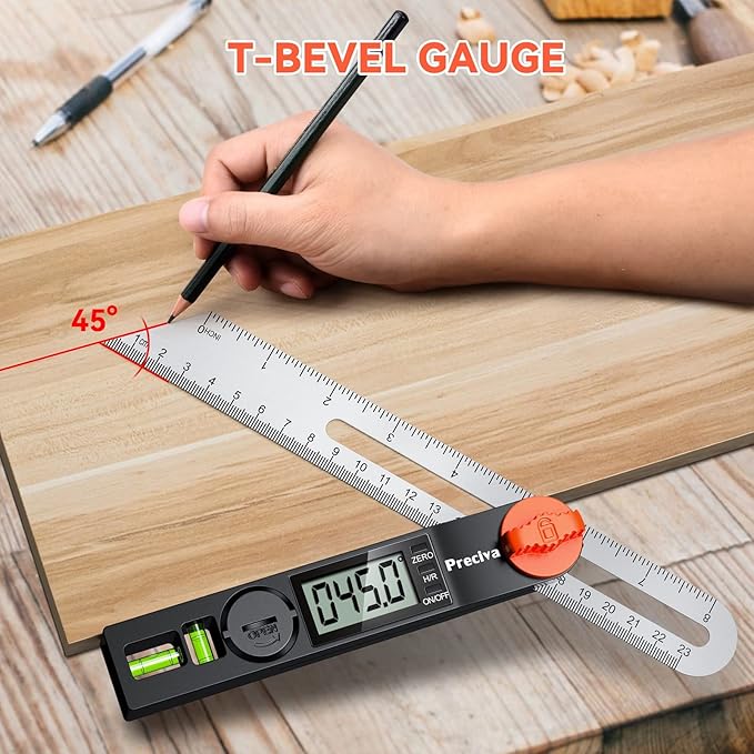 Preciva T-Bevel Gauge & Protractor with Horizontal and Vertical Bubble,0-338° Digital Angle Finder Protractor 230mm/8inch Display for Carpentry Woodworking, Metalworking, Construction