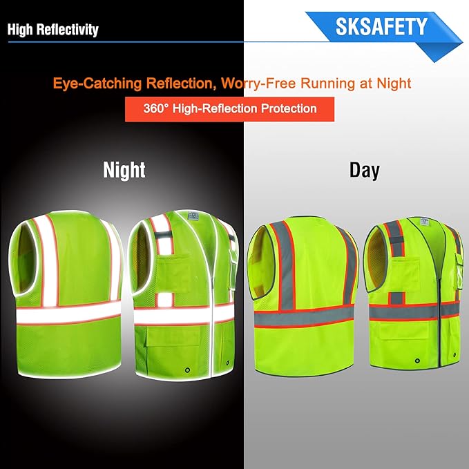 SKSAFETY 10 Pockets Safety Vest, Class 2 High Visibility Security with Zipper Double-sided mesh, Hi Vis Vest with Reflective Strips, ANSI/ISEA Standard, Construction Work Vest （Lime, M