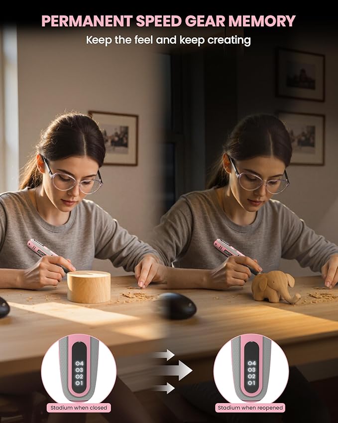 Rotary Tool 4V Pink, Rotary Tool Kit with LED Display, Cordless Rotary Tool with Speed Memory, Mini Rotary Tool for Small DIY Project, Small and Light with Rubber Handle, Beginner Friendly