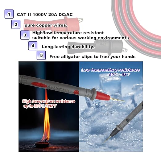 Professional Multimeter Test Leads 1000V 20A, 40.5in, Test Leads Kit, Ultra-Sharp Gold-Plated Probes, Silicone Meter Leads for Fluke, AstroAI, Klein Multimeter & Automotive Testing (Upgraded)