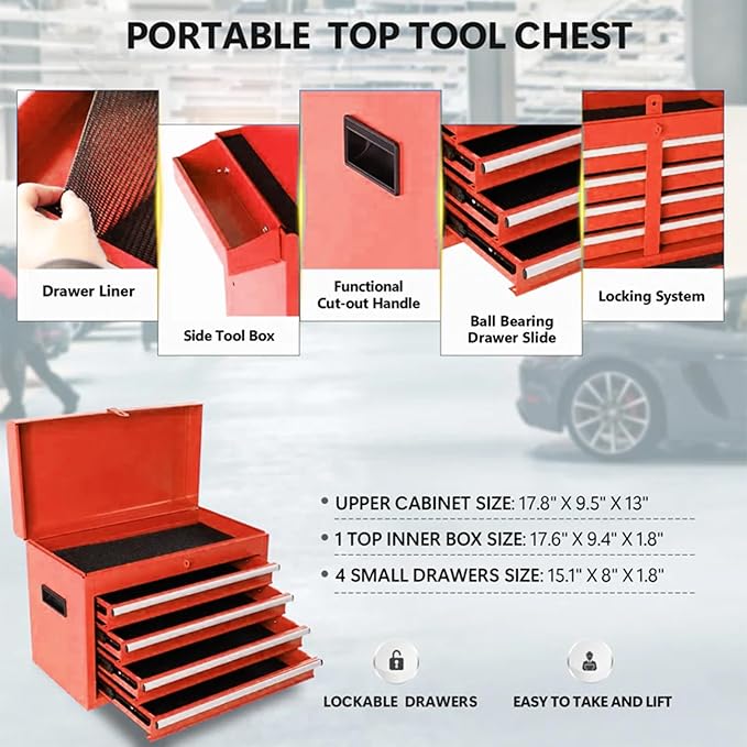 Rolling Tool Chest - 5 Drawers Tool Box Organizer with Lockable Wheels, Sliding Drawers, Detachable Top Tool Box - Tool Storage Cabinet for Garage Workshop, Red