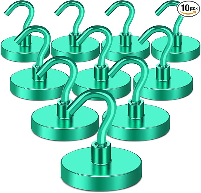 MIKEDE Magnetic Hooks Heavy Duty, 150LB Strong Magnet with Hook for Fridge, Super Neodymium Extra Strength Industrial Hooks for Toolbox, Cruise, Grill(Green,10 Pack)