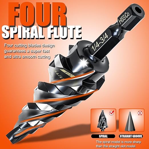 Four Spiral Flute Step Drill Bit for Metal,M35 Cobalt Unibit Step Drill Bit Set 1/4"-3/4"(9 Sizes),Wear-Resistant AlTiN Coated,1/4" Hex Shank for Metal, Stainless Steel, Aluminum, Plastic