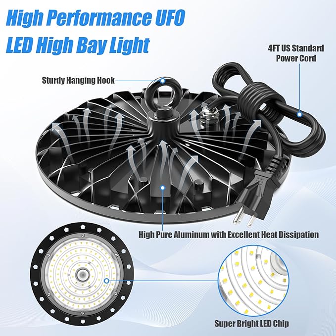 loyal 8 Packs 100W UFO LED High Bay Light, 10000LM Shop Light, 6000K Daylight with 1.2M Cable US Plug, Commercial High Bay Lighting for Warehouse Workshop Garage Factory