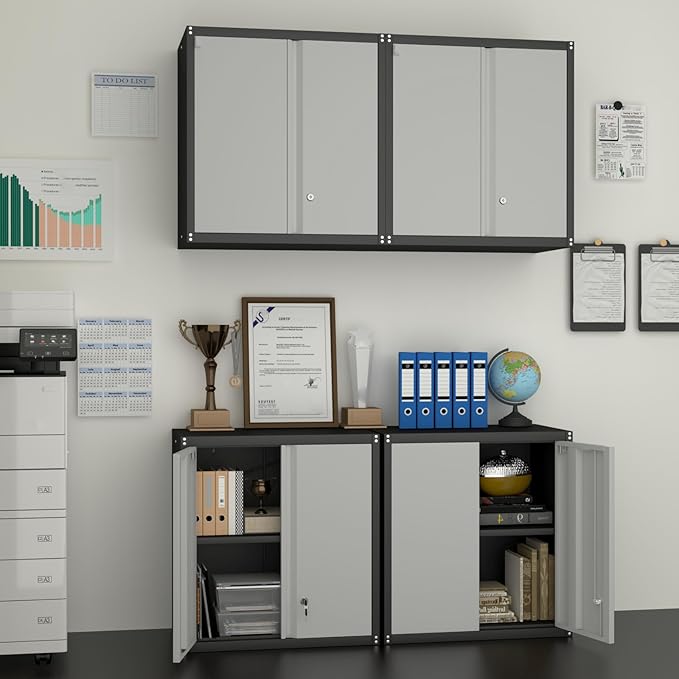 Metal Garage Wall Cabinet, Metal Wall Mounted Storage Cabinets with Lockable Doors and Adjustable Shelves, Floating Tool Cabinet for Garage, Home Office, Kitchen,BlackGrey