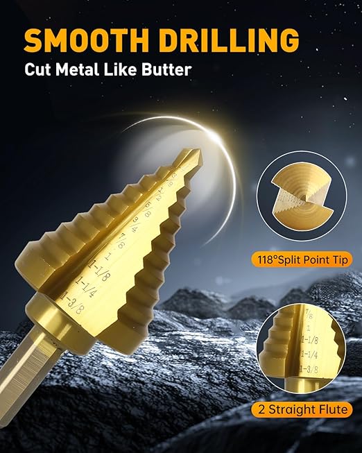 COMOWARE Step Drill Bit for Metal, Titanium Coated, Double Cutting Blades, High Speed Steel, Short Length Drill Bit, Total 10 Sizes from 1/4” to 1-3/8", for Steel Sheets Aluminum Copper Plastic Wood