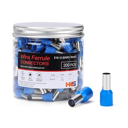 HKS 200PCS Wire Ferrule Connectors - AWG 6-16.0mm² Copper Barrel Pin Cord Ends Insulated Ferrules Terminals - E16-12 Blue
