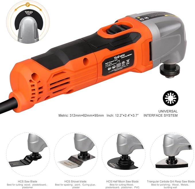 Oscillating Multi-Tool, 22000 OPM, 1.5A, 3° Oscillation Angle, 10-Piece Accessory Kit: 3 Saw Blades, Semi-Circle Blade, Sanding Plate, 6 Sanding Papers for Cutting, Grinding, Sanding